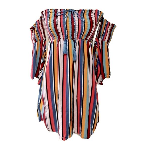 GUESS Colorful Bell Sleeves Boho Dress L Off Shoulders Striped Rainbow - Picture 1 of 11